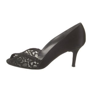 Stuart Weitzman Satin Black Lace Peep Toe Pumps